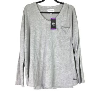 Calvin Klein Womans XXL Grey Waffle Knit V-Neck Long Sleeve Thermal Top CJMT8786